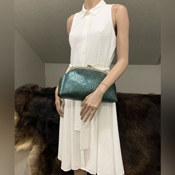 Handsewn Genuine Cowhide Floral Embossed Double Kiss-lock Bag & 2 Chain Styles - Picture 6 of 16